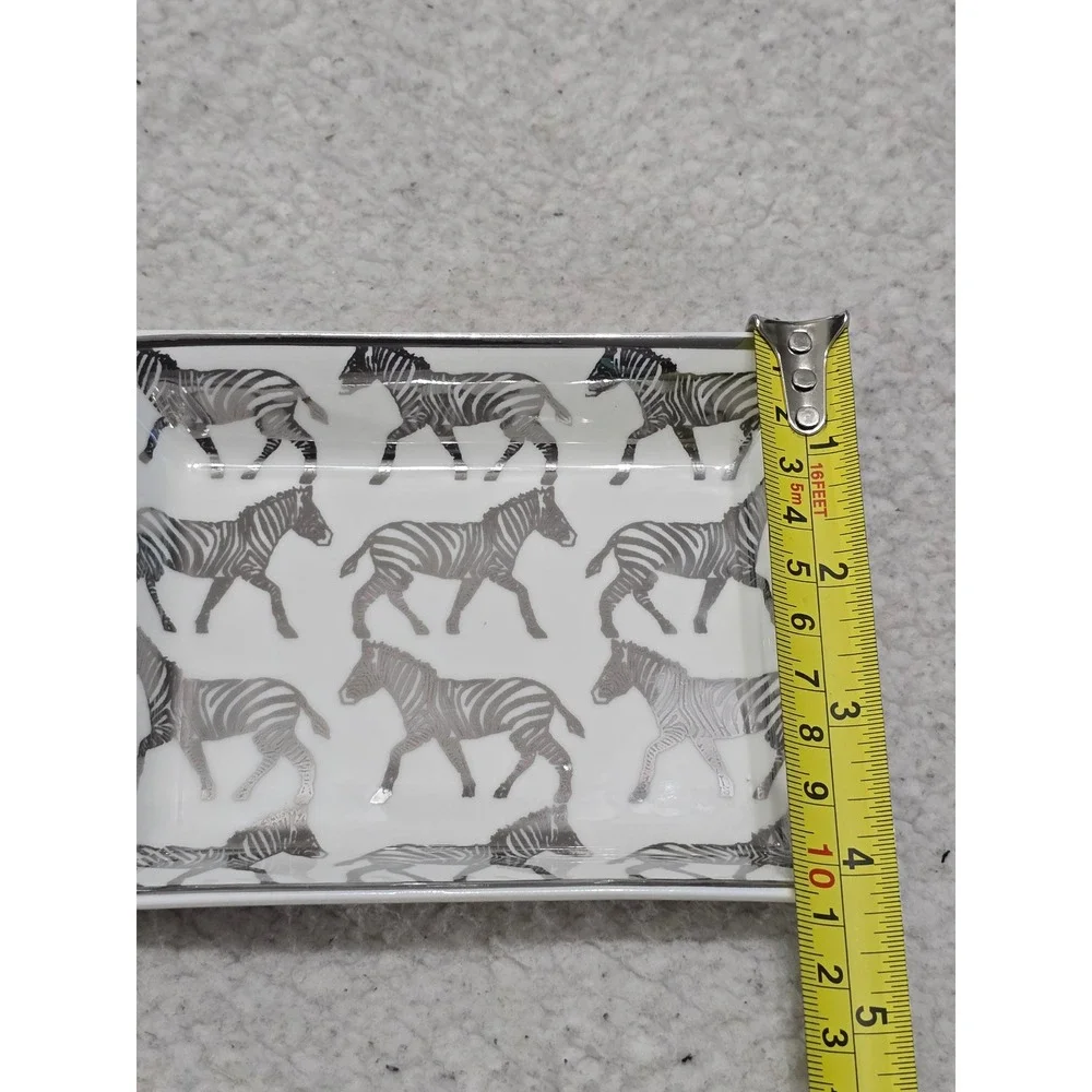 J.Crew Zebra Print Ceramic Trinket Tray Jewelry Dish Silver Trim White Black